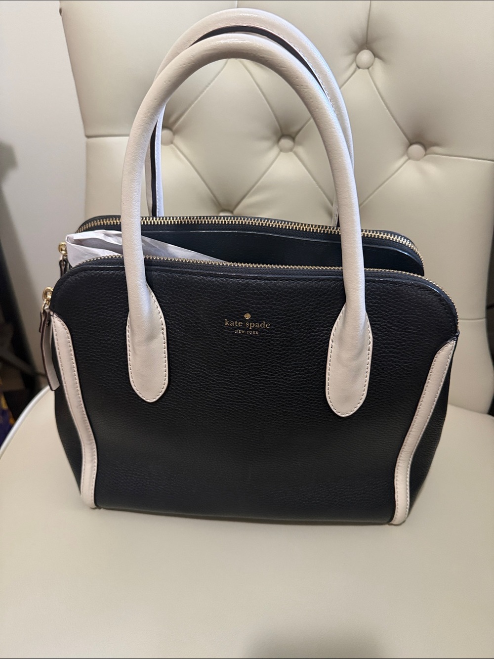 Kate Spade Black and Cream Leather Double-Zip Satchel